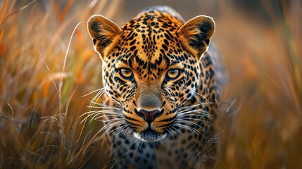 Captivating close-up of a sleek leopard, its spotted coat and intense expression radiating power and grace