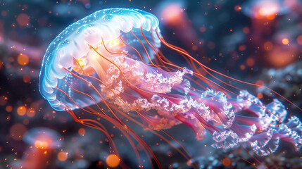 Obraz premium Colorful Jellyfish Swimming in Blue Water