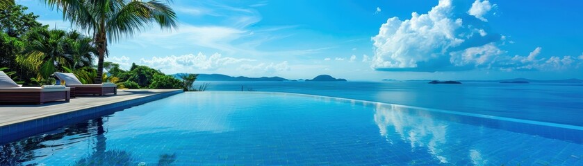 Obraz premium Stunning infinity pool overlooking a serene ocean with clear blue skies and lush greenery, perfect for a tranquil vacation getaway.