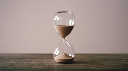 Isolated Hourglass Object On A Wooden Table, Countdown Hourglass Object Concept