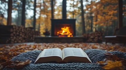 A cozy autumn evening with an open book lying on a soft cushion in front of a crackling fire, autumn leaves scattered around, warm and inviting atmosphere, soft lighting, rich textures,