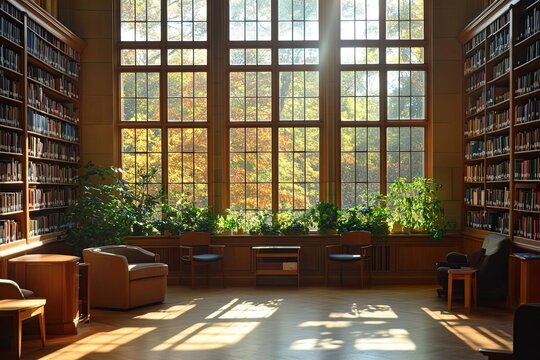 Quiet library with morning sunlight through windows, Monday morning, peaceful and studious