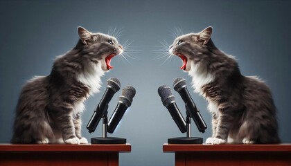 two cats shouting each other podiums discussion debate dialogue dispute argue political conflict confrontation