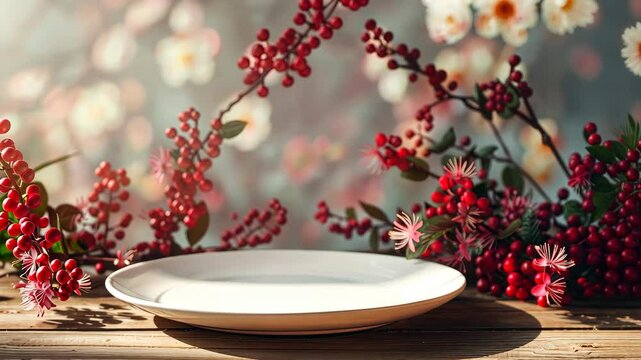Elegant dining table arrangement with fresh flowers and a simple white plate in a garden setting