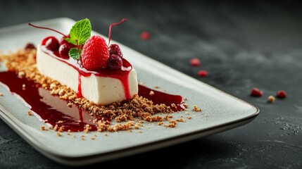 A dessert with a sauce and crumbs on served on a long plate with a raspberry sauce. with copy space