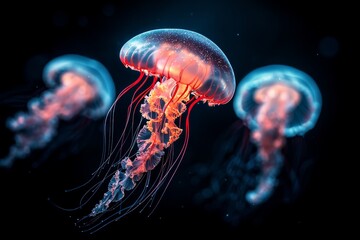 Naklejka premium Close-up of three jellyfish glowing with bioluminescent light, floating gracefully in dark water. Vivid colors and delicate tentacles are visible.