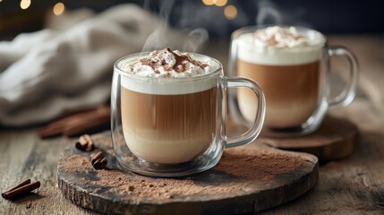 A set of modern glass coffee mugs filled with steaming hot coffee, topped with frothy milk foam and a sprinkle of cocoa powder, perfect for a cozy morning.