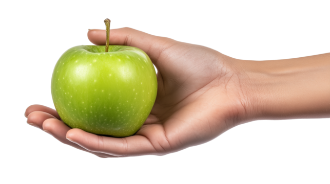 Hand holding green apple isolated on transparent background