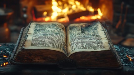 Obraz premium A cozy autumn scene featuring an open book with handwritten notes in the margins, pages illuminated by the soft light of a roaring fireplace, warm and nostalgic atmosphere, rich textures,