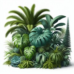Fototapeta premium Lush green tropical plants bush (monstera, palm, rubber plant, pine and fern), cut out, прозрачный фон 
