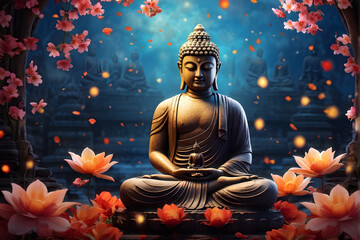 Buddha Purnima, Buddha statue meditation, floral background
