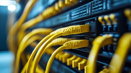 Yellow Network Cables in Server Room Close-Up. AI generated illustration.