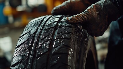 Close-up of a Car Tire with Wet Treads