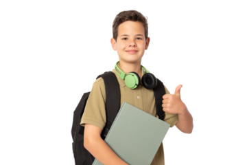 Boy wearing headphones and backpack holding a book over transparent background happy doing okay sign, thumb up with finger, excellent sign.