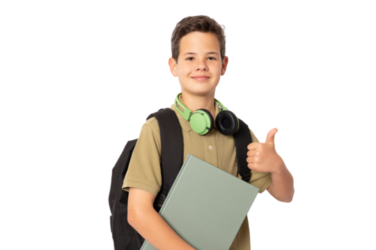 Boy wearing headphones and backpack holding a book over transparent background happy doing okay sign, thumb up with finger, excellent sign. - Powered by Adobe