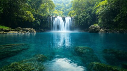 Tranquil Waterfall Flowing into Crystal Clear Pool