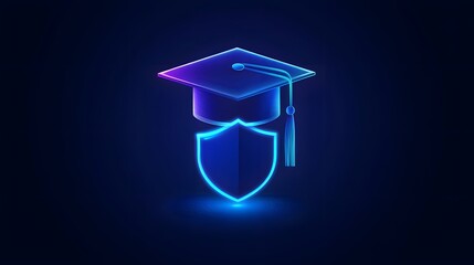 Icon of a graduation cap with a shield overlay, sleek vector design, glowing blue light, clean lines, minimalist style, mood of educational security and assurance