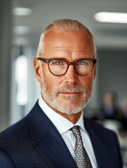 Fototapeta premium An older man with a well-groomed beard and glasses,wearing a formal suit and tie,stands in a professional office setting.Background is softly blurred,which emphasizes the businessman's confidence.AI 