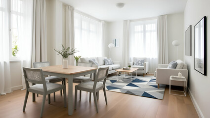 Fototapeta premium The modern dining room showcases a sleek wooden table and chairs, complementing the contemporary interior design of the home