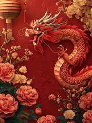 Obraz premium Happy Chinese New Year 2024 the dragon zodiac sign with flower, lantern, elements with red and gold color. background. Copy space