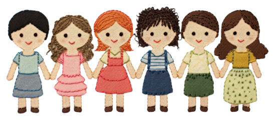 PNG Simplify 3 kids in embroidery style doll toy representation.