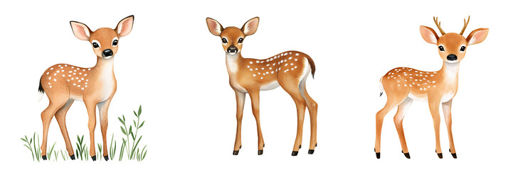Fototapeta premium Adorable illustrations of fawns in various poses, perfect for children's books, decorations, or nature-themed designs.