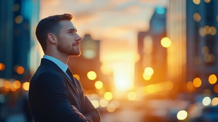Fototapeta premium Confident Businessman Looking Towards the Future in City Sunset