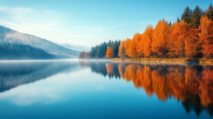 Fototapeta premium Autumn Lake Reflection Forest Colorful Trees Tranquil Nature
