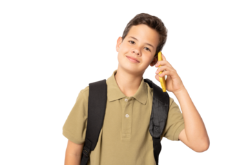 Schoolboy talking on smartphone isolated over transparent background.