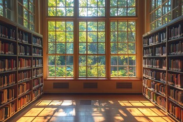 Quiet library with morning sunlight through windows, Monday morning, peaceful and studious