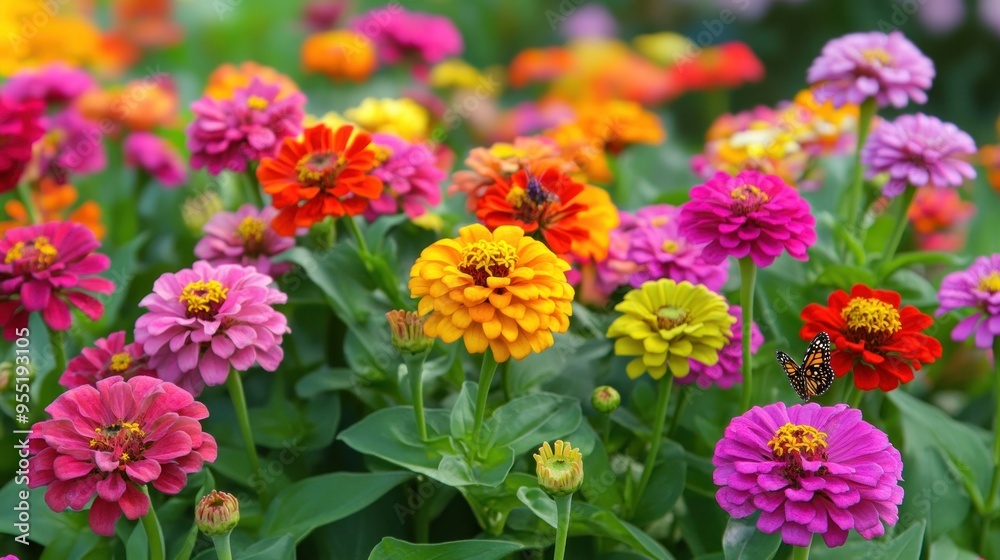 Poster Vibrant Zinnias and a Monarch Butterfly in a Garden