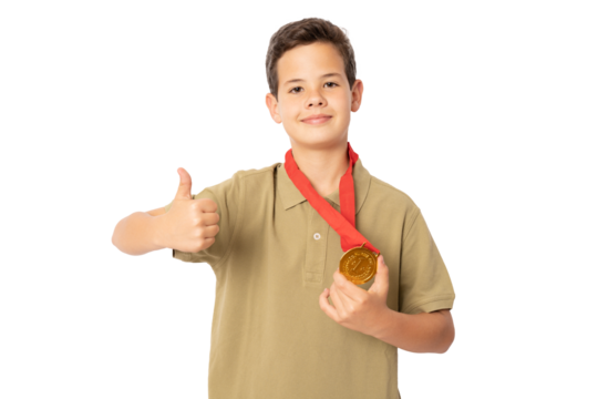 Young boy showing his golden medal with thumb up over transparent background. - Powered by Adobe