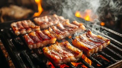 A sizzling hot barbecue grill loaded with juicy pork belly slices, smoke rising and flames licking the meat, igniting the senses.