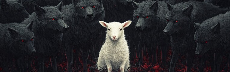 Fototapeta premium Vulnerable Lamb Amidst Menacing Wolves