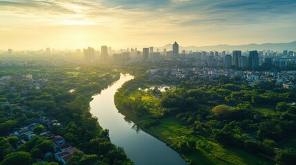 Fototapeta premium Aerial view of a city skyline with a winding river, lush greenery, and a beautiful sunrise.