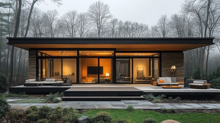 Fototapeta premium Modern house with large windows surrounded by trees in a serene setting.