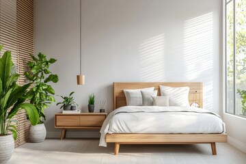 Modern, minimalistic bedroom with wooden furniture, large windows, and indoor plants, creating a bright and serene living space.