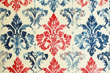 Watercolor Red, White, and Blue Damask Pattern on a Cream Background. AI generated illustration