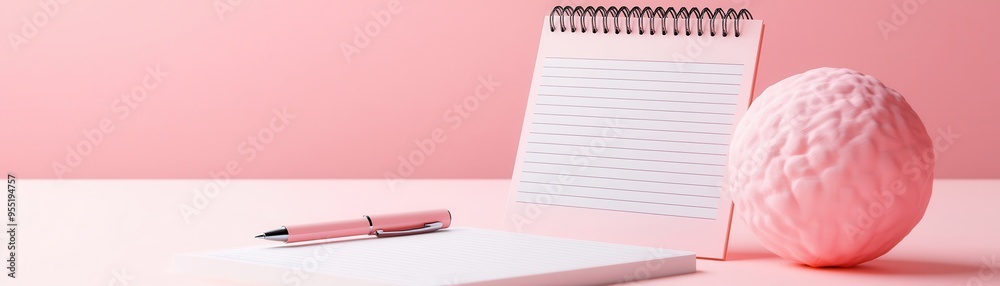 Wall mural Pink Notebook and Pen on Pink Background.