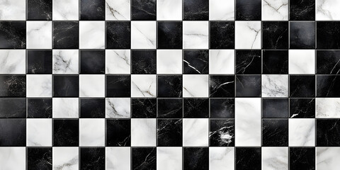 Fototapeta premium Seamless black and white checker or chess board marble tile background texture. Kitchen or bathroom natural stone wall, floor or countertop. A high resolution tileable luxury pattern 3D Rendering..