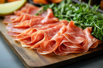 Elegant Presentation of Thinly Sliced Parma Ham Gourmet Food Photography with Modern and Rustic Touches Served with Fresh Arugula Best for Food Article