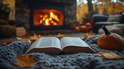 A peaceful fireside scene with an open book lying on a soft blanket, its pages illuminated by the warm light of a fireplace,