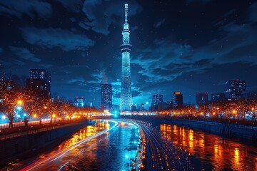 Naklejka premium panoramic views from the top of the Skytree, capturing the cityscape at dusk