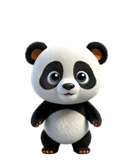Obraz premium Adorable cartoon panda bear with big blue eyes standing on a white background.