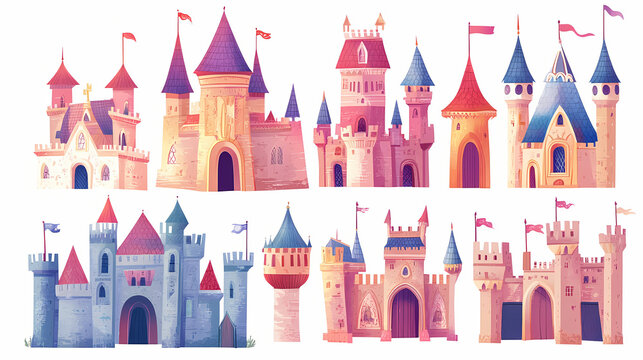 recommend clip art: Fairytale castle constructor. clip art with towers, flags, roofs, gates. architecture elements isolated on white. Castle. Illustration