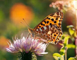 Obraz premium Leopard Butterfly Close-Up Collecting Nectar on Wild Flowers in Daylight