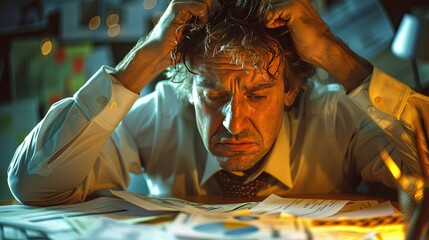 A Man in a White Shirt, Frustrated, Pulling His Hair Out While Looking at Papers