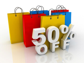 3d rendering e-shopping concept, shopping bag with 50% percentage offer