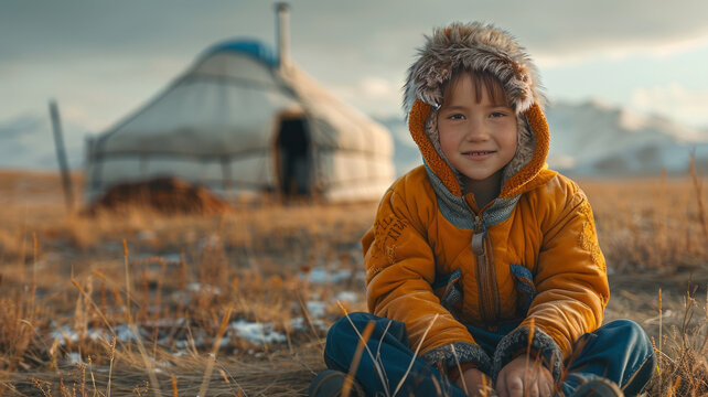 little Mongolian boy in the steppes of Mongolia outside the yur