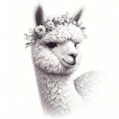 Fototapeta premium 흰 배경, 알파카, 펜슬 드로잉 (White background, alpaca, pencil drawing)